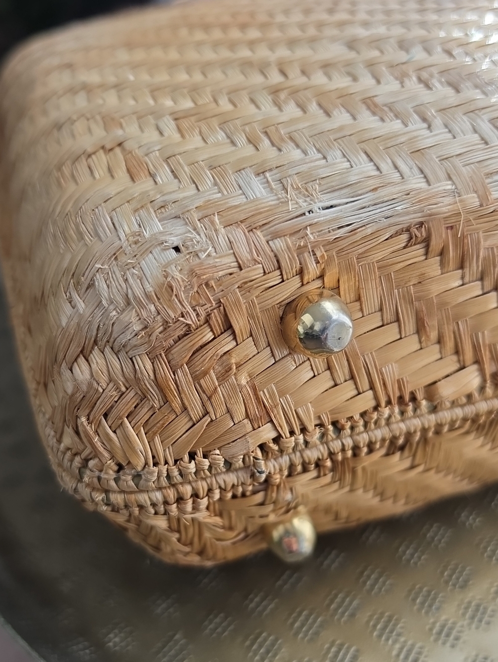 Woven Vintage Straw Tote with Brown Leather Handles 10" Long, 9" Tall - Picture 10 of 10